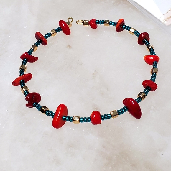Red Coral Gemstone Bangle w/ Teal and Gold - Picture 5 of 6